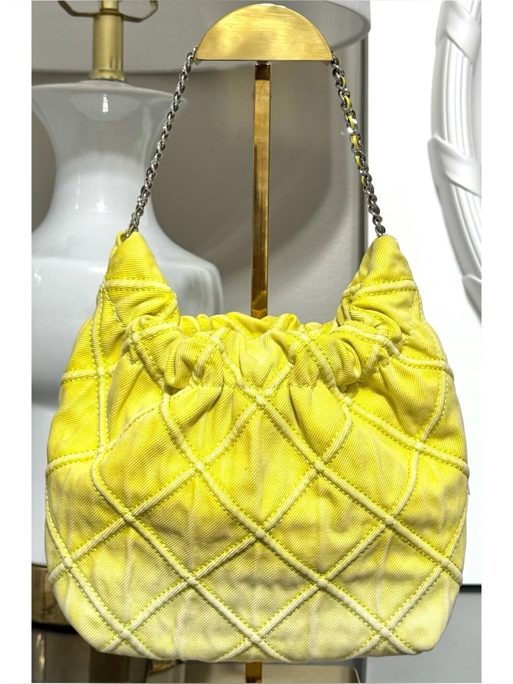 TORY BURCH MINI FLEMING SOFT QUILTED DENIM HOBO BAG, YELLOW